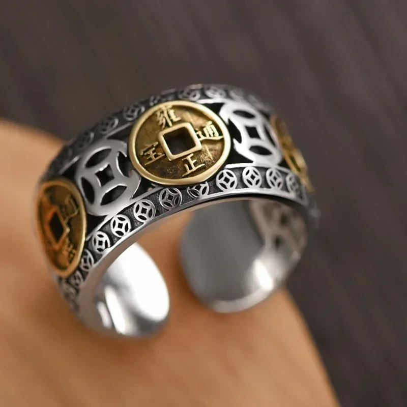 New in 925 Thai Silver Five Emperors Coins Styling Charm Mens Rings Vintage Wide Classic Design Cocktail Banquet Party Jewelry