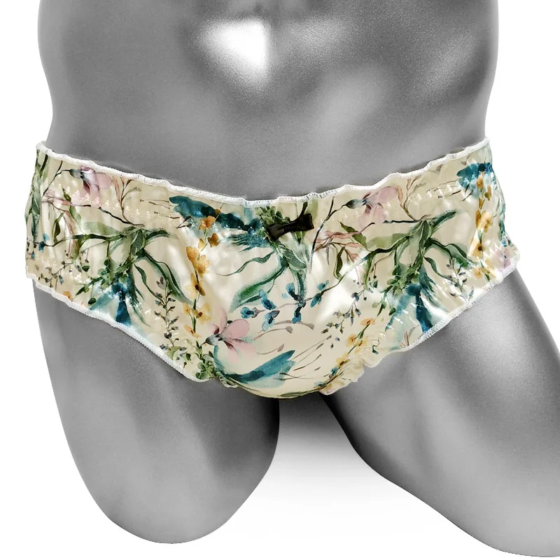 Men's Sissy Panties Satin Frilly Ruffled Floral Print Briefs Bow Crossdresser Lingerie Underwear