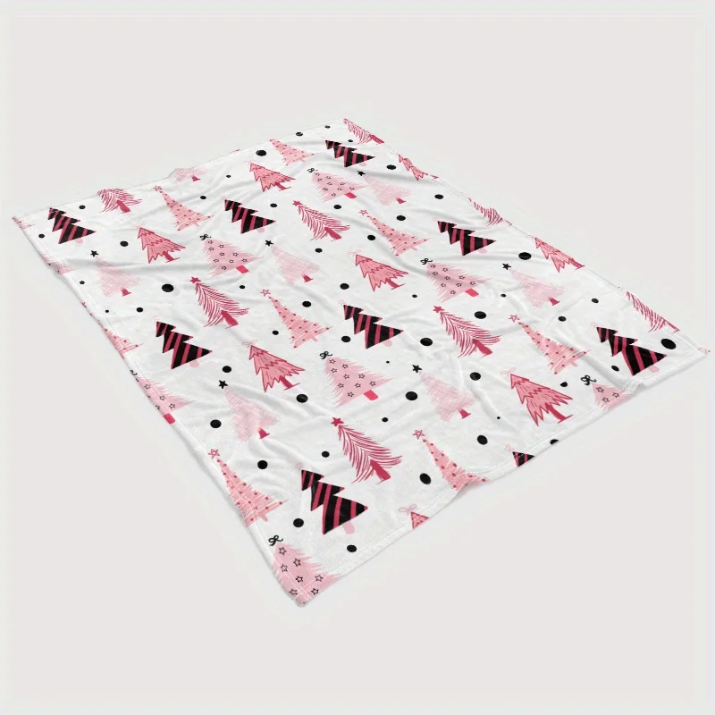 

1pc Vintage Cartoon Christmas Tree Flannel Throw Blanket - Soft Warm Digital Print Knitted Polyester Throw for Couch, Sofa, Bed,