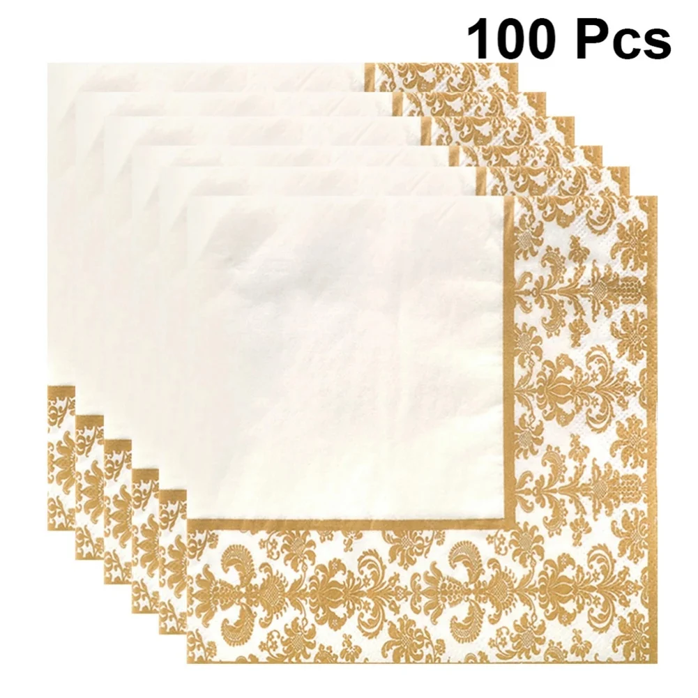 100Pcs Gold Printing Disposable Napkin Tissue Paper Printed Napkins for Restaurant and Hotel (Golden + White)