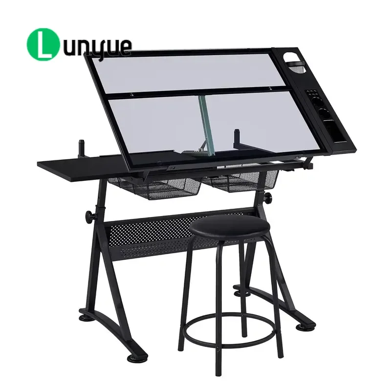 Modern Height Adjustable Art Drawing Table Tilting Drafting Desk Stool 5-Angle Desktop School Art Furniture Grey