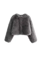 Women's Thick Warm Faux Fur Cropped Jacket, O Neck, Long Sleeve, Female Outerwear, Chic Tops, Fashion - Image 4