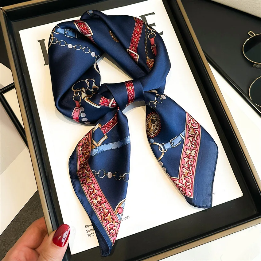 2024 Spring/Summer Breathable Chain Print Neckerchief Fashion 70*70cm Square Scarf Women’s Classical Imitation Silk Bandannas