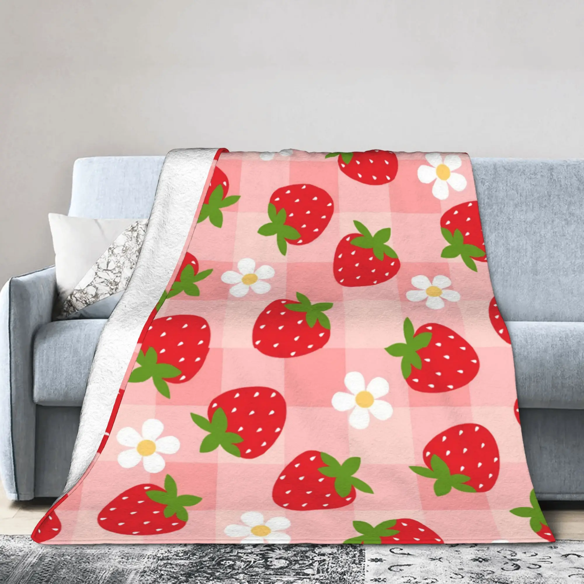 Strawberry Gingham Cottagecore Picnic Floral Coral Fleece Plush Throw Blanket  Blanket for Bedding Couch Super Warm Quilt