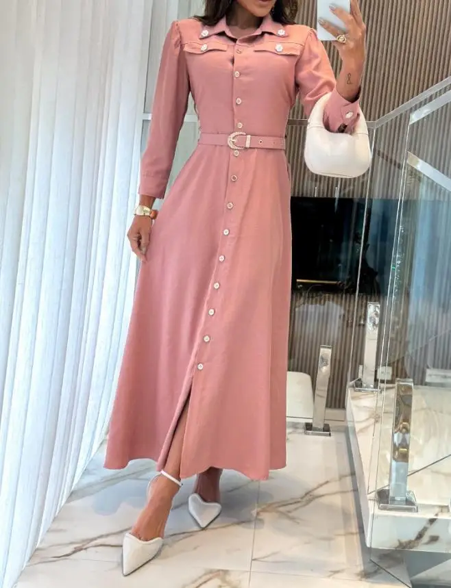 Womens Dresses Pearls Flower Decor Turn-Down Collar Button Down Shirred Back Shirt Dress Casual Flap Detail Work Dress with Belt