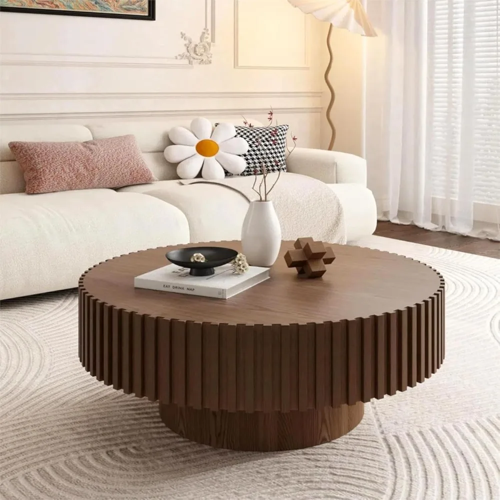 

Круглый журнальный столик Коричневые журнальные столики для гостиной Маленькие, журнальные столики на барабанах Современный деревянный журнальный столик середины века с рифленым кругом