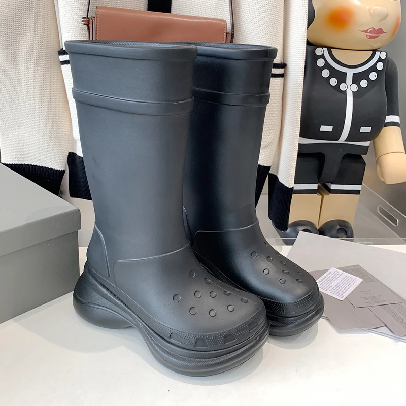 Unisex Thick Bottom Knee High Boots Rubber Waterproof Round Toe Platform Flat Slip on Long Rain Boots Jelly Color Par Shoes