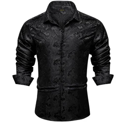 Black Paisley Solid Silk Polyester Luxury Long Sleeve Dress Shirts for Wedding Prom Turn Down Collar Shirt Brand Men Clothing