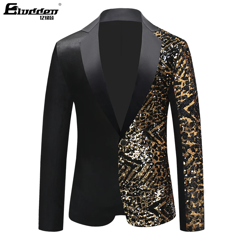 Single Breasted Leopard Sequins Stage Suit Jacket Men Party Hip Hop Suit Fashion  Drama costume Blazer Men\'s Sequins Floral Suit