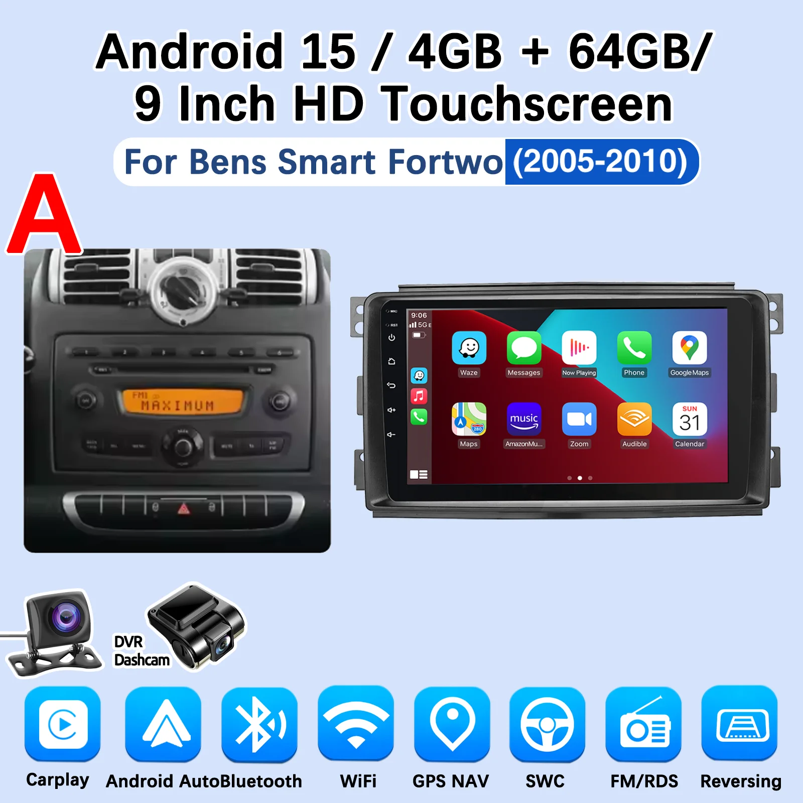 MOPECT 9 Zoll für Mercedes Benz Smart Fortwo 451 2005-2015 Apple CarPlay Android Auto Radio GPS FM WiFi BT AM Multimedia DAB+ DVR