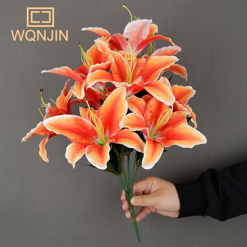 Künstliche Lilienblumen mit 9 Köpfen, europäischer mehrfarbiger gefälschter Brautblumenstrauß, Hochzeit, Zuhause, Party, Dekoration, Blumen – Detail 2