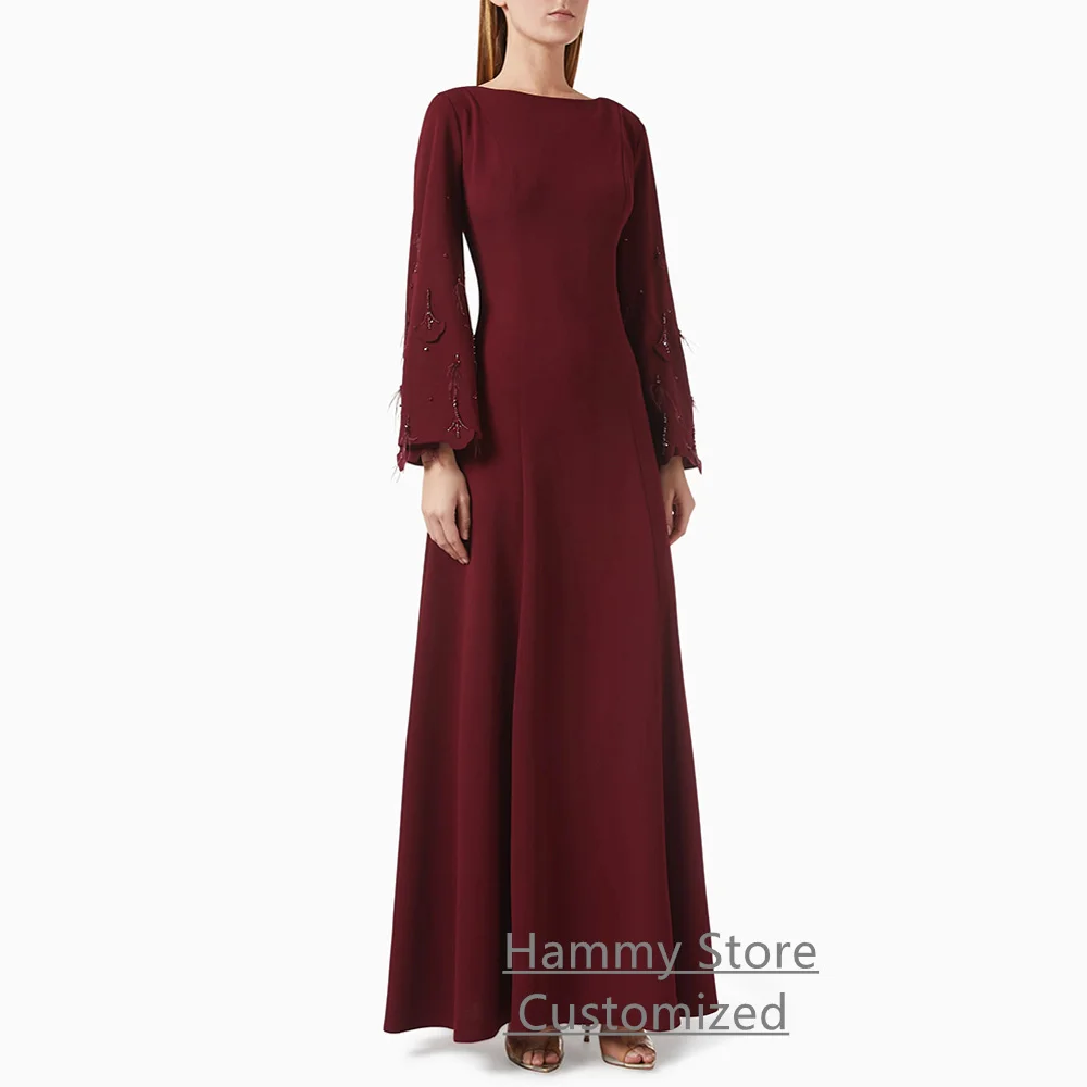 

Arabic Burgundy Evening Dress Customized Long Sleeves Beading Feathers Ankle Length A Line Saudi Prom Gown Party Dresses