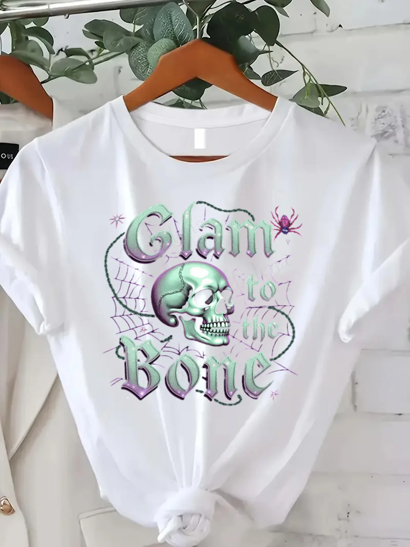 

Футболка с круглым вырезом Glam to the Bone Skull Женская футболка больших размеров Хэллоуин Модный топ Футболка с короткими рукавами Модный повседневный топ