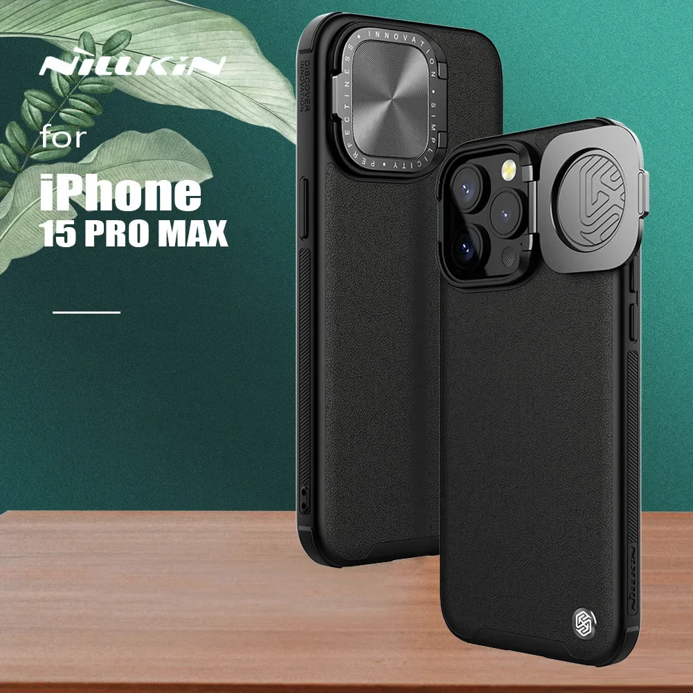 Nillkin for iPhone 15 Pro Max Case Camshield Prop Leather Cover with Camera Stand Case for iPhone 15 Plus 15 Pro Lens Case