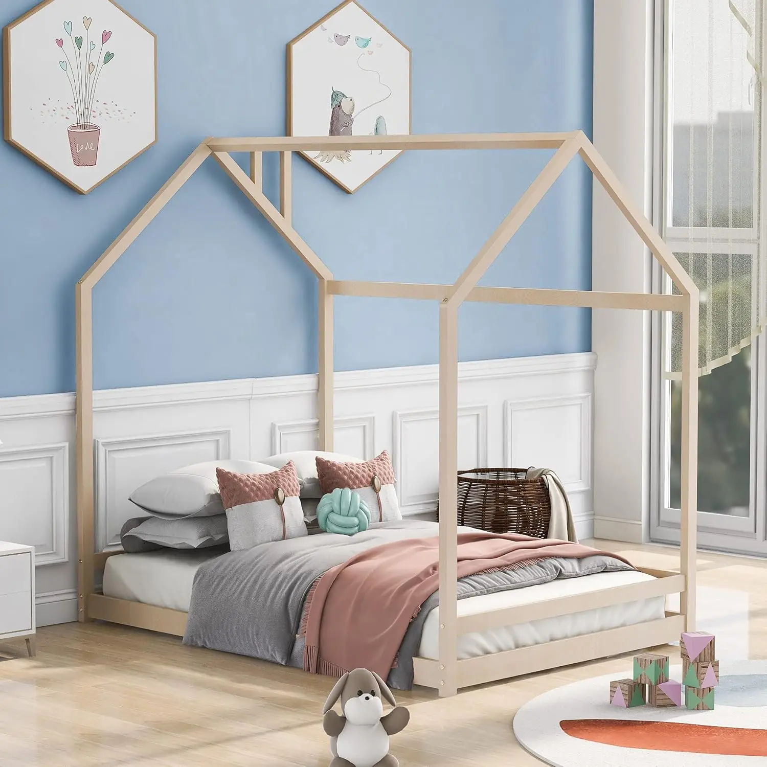 Full Size Wood House Bed Wooden Bedframe with Roof for Kids Teens Featuring roof this unique bed creates a fun and adorable