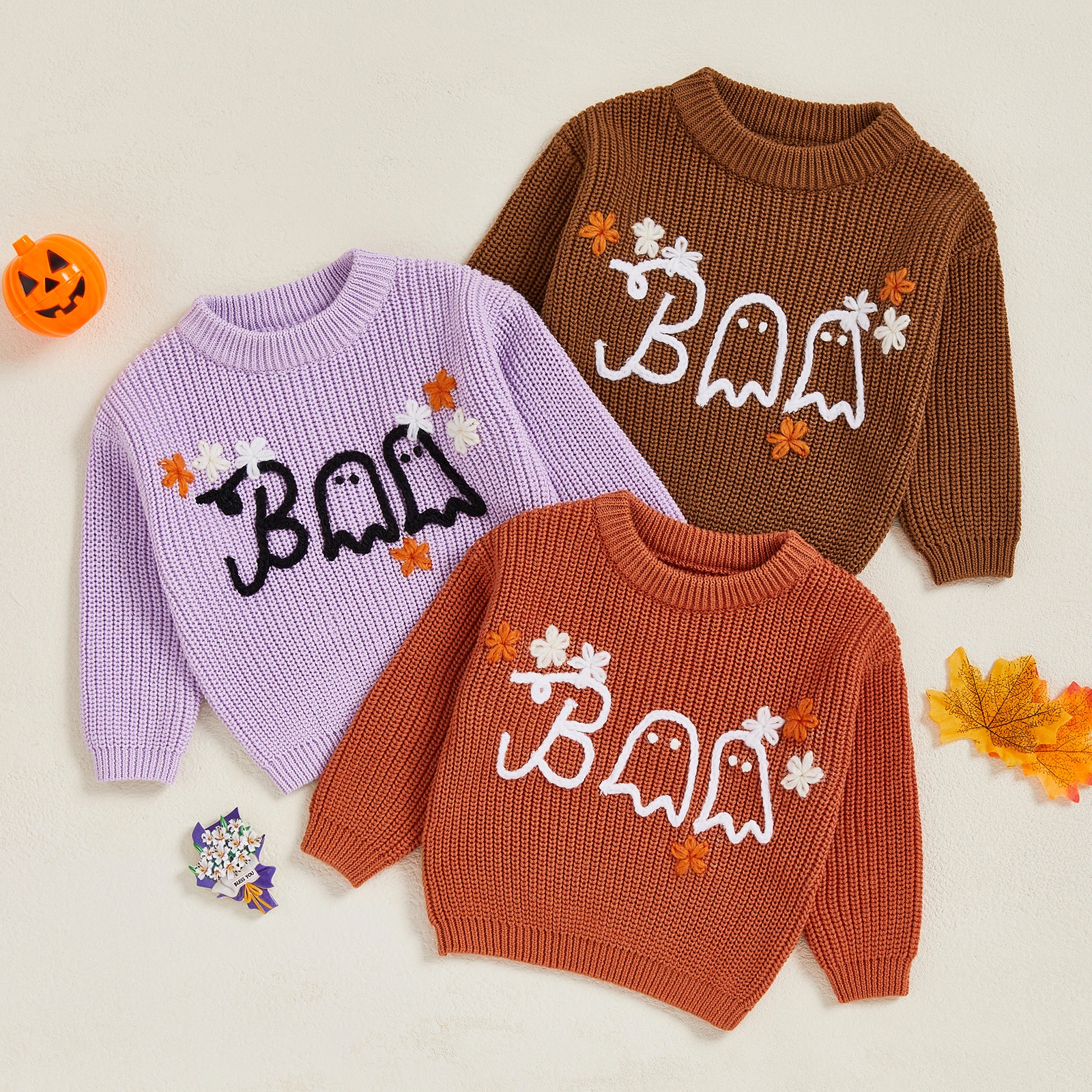 Toddler Baby Halloween Sweater Ghost Flower Letter Embroidered Crewneck Long Sleeve Pullover Chunky Knit Tops