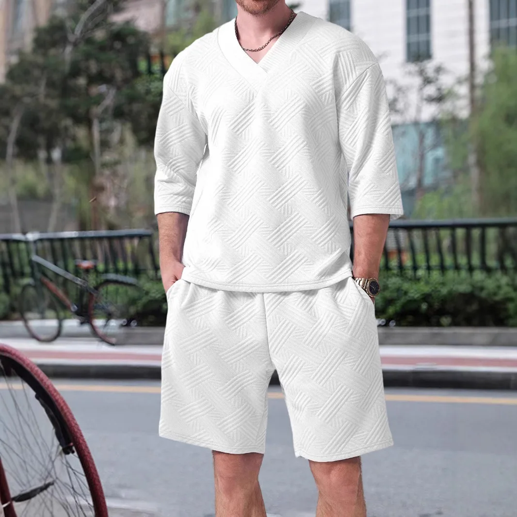 

Men's Summer 2025 Casual Sportswear Set V-Neck Jacquard Loose Short-Sleeved Top with Shorts Two-Piece Ensemble