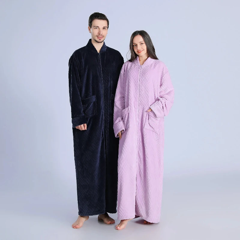 Extended Women\'s Flannel Zipper Pajamas Solid Color Jacquard Thick Warm Bathrobe Plus Size Women\'s Bathrobe Couple Bathrobe