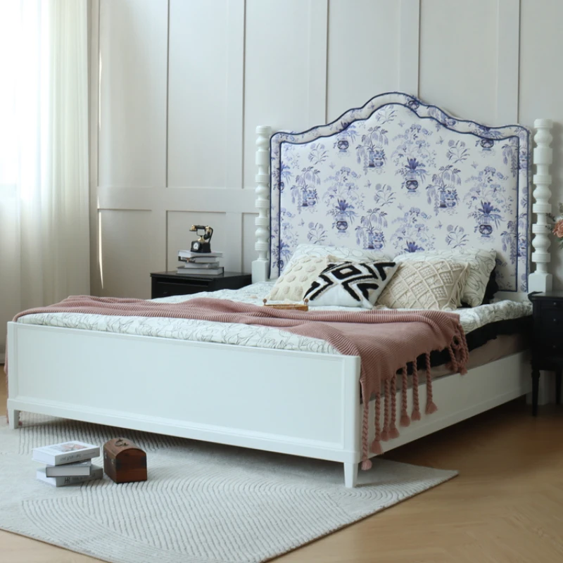 Blue and white porcelain solid wood bed, new Chinese style double bed, retro style princess, 1.8m master bedroom, king, villa