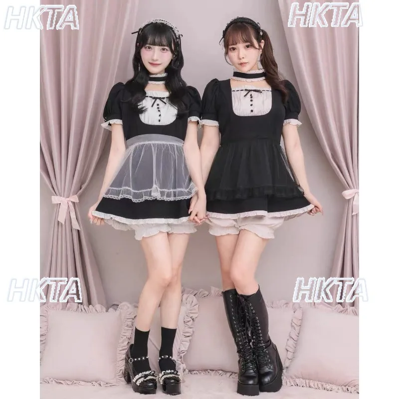 Japanese Sweet Maid Lolita Dress 2  Piece Set Bubble Short Sleeve Dress Pumpkin Bloomers Choker Lace Apron Dress Costume Women