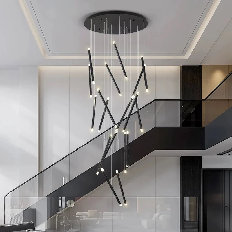 Modern Long Chandelier LED Staircase Living Room Acrylic Black Chandelier Interior Decoration Hall Attic Chandelier Free Deliver