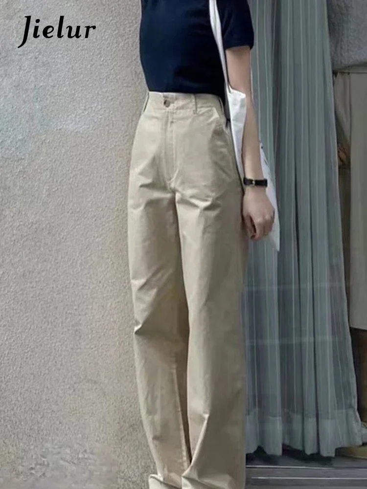 Jielur Summer Khaki High Waist Slim Casual Women's Wide Leg Pants Full Length Straight Solid Color Loose Simple Office Ladies