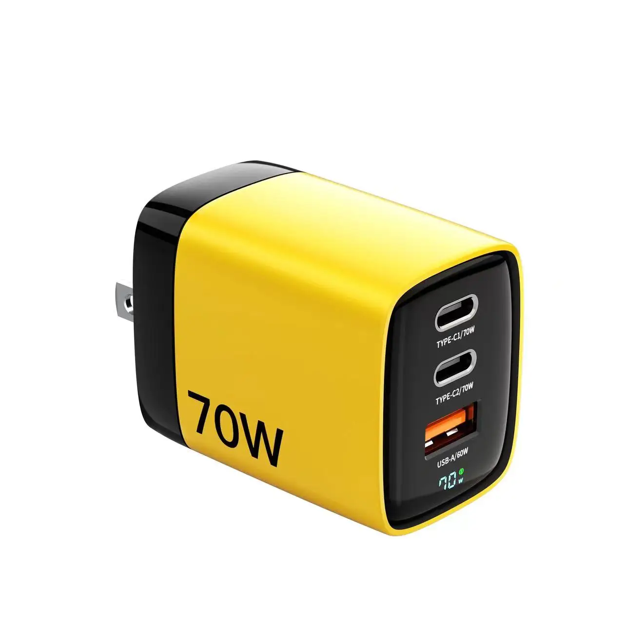 70W 3-Port Yellow&Black Charger With LED Display USBC Super Fast Charging Adapter US/EU/UK/KOREAN Portable Wall Charger Compatib