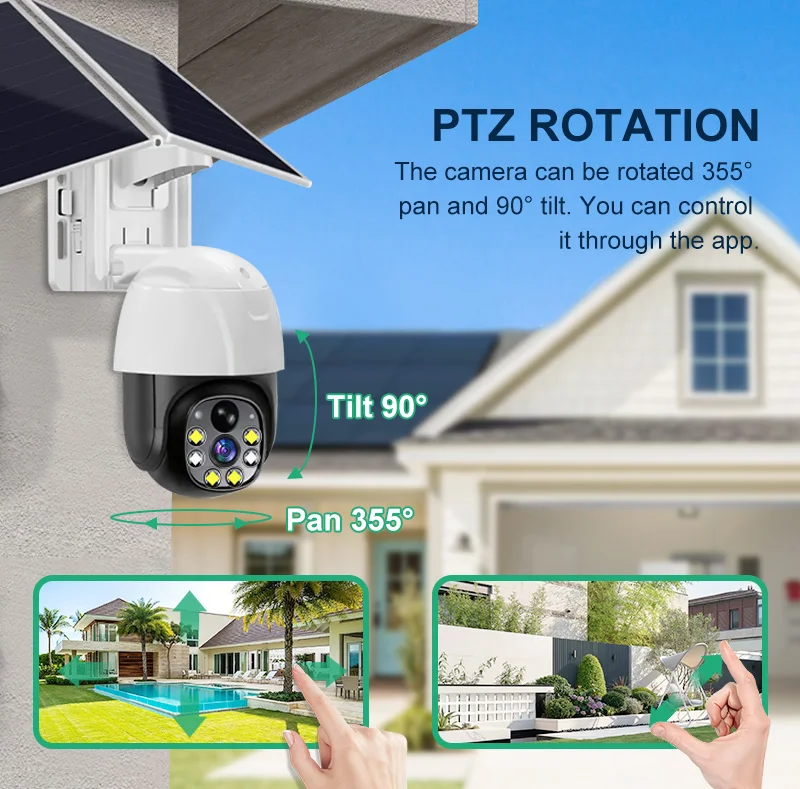 5MP عدسة في الهواء الطلق كاميرا بشكل قبة تعمل بالطاقة الشمسية كشف الحركة 10x التكبير للرؤية الليلية 4G بطاقة Sim كشف الإنسان بطاقة الذاكرة زاوية واسعة