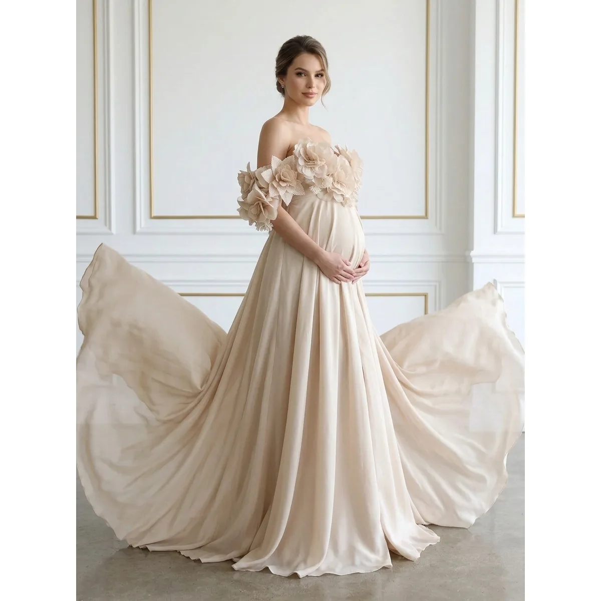 3D Floral Maternity Dress for Wedding Baby Shower Elegant Champagne Pregnant Women Maxi Dress Vestidos de Fiesta YD260906