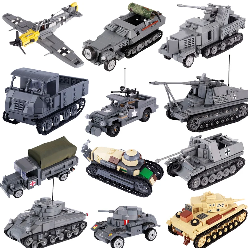 Military Vehicle Building Blocks WW2 Battle Sherman Tank soldiers Armored Vehicle Fighter Jets  Katyusha Rocket Fort Bricks Toys