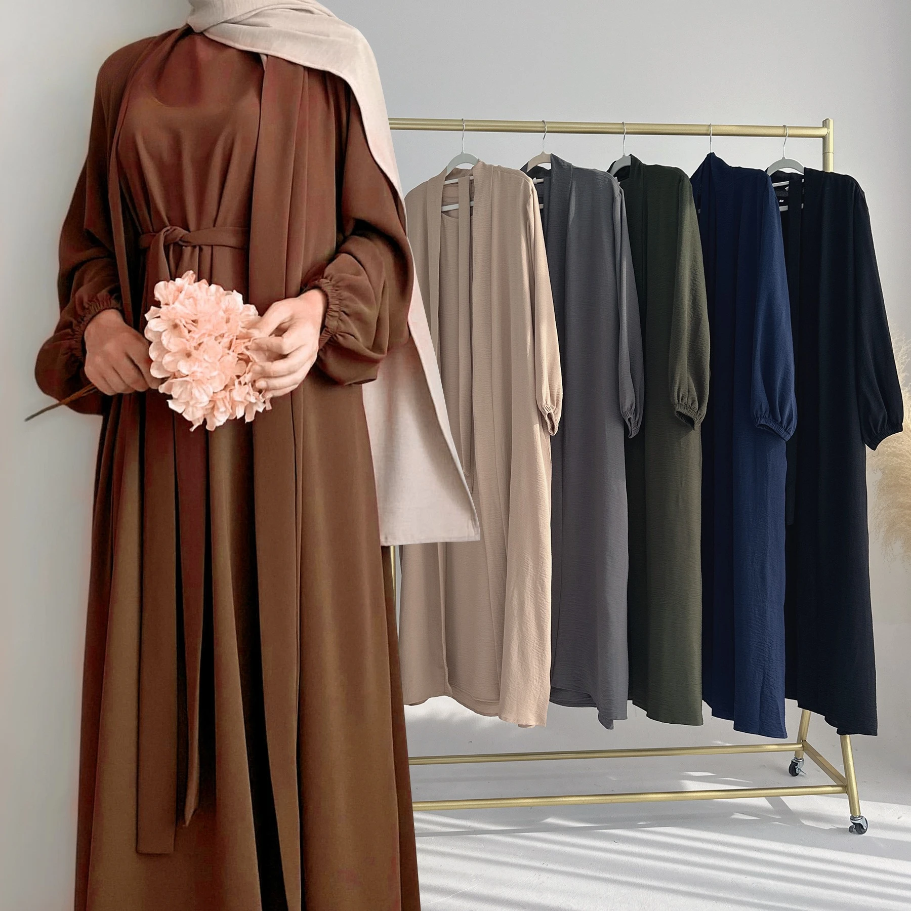 

New Abaya Set Crinkle Fabric Open Abaya+Inner Long Dress Islamic Clothing Muslim Women Dresses Set Turkish Kaftan Ramadan Eid