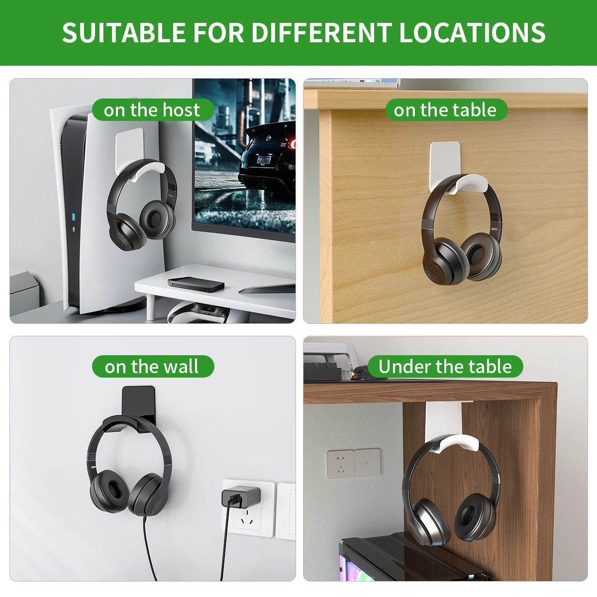 Black Headphone Stand Holder Wall Mount Strong Adhesive Under Desk Mount Hook Gaming Headset Bracket Hanger Support White