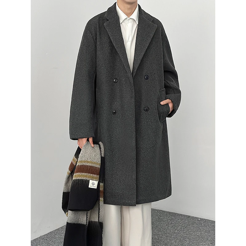 

Double-breasted business casual elegant men's autumn and winter thickened woolen coat, fashionable and slim-length jacket.