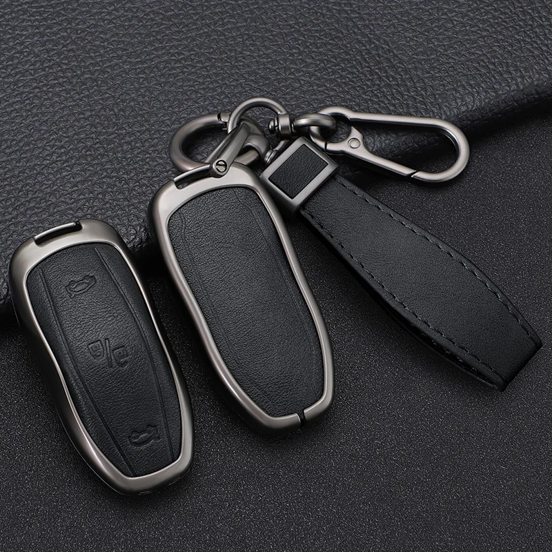 Zinc Alloy+ Leather Car Smart Key Cover Case Shell Fob for Tesla Model 3 Model Y X S Key Shell Bag Holder Protector Accessories