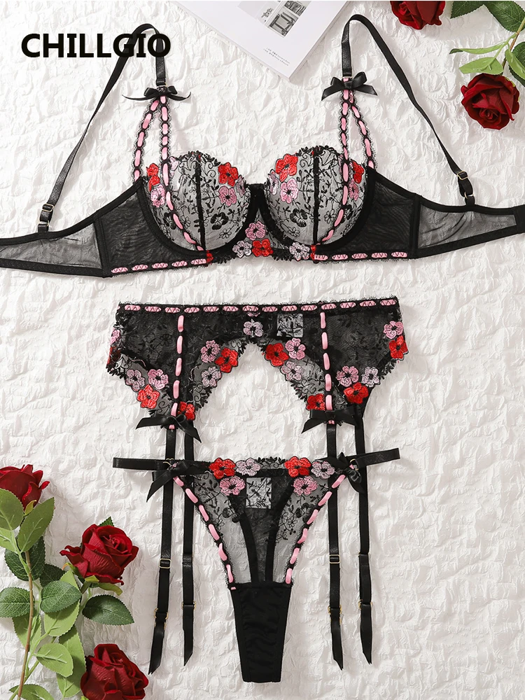 

CHILLGIO женский сетчатый бюстгальтер с цветочной вышивкой, короткие костюмы, облегающее эротическое нижнее белье с эффектом пуш-ап на косточках, сексуальные комплекты нижнего белья из трех предметов
