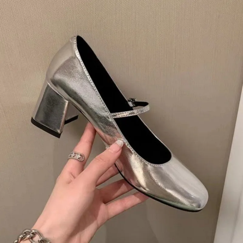 2024 Designers Women Silver Heels Mary Jane Shoes Shallow One Line Buckle Thick Heel Ladies Dress Elegant Fashion Pumps Summer