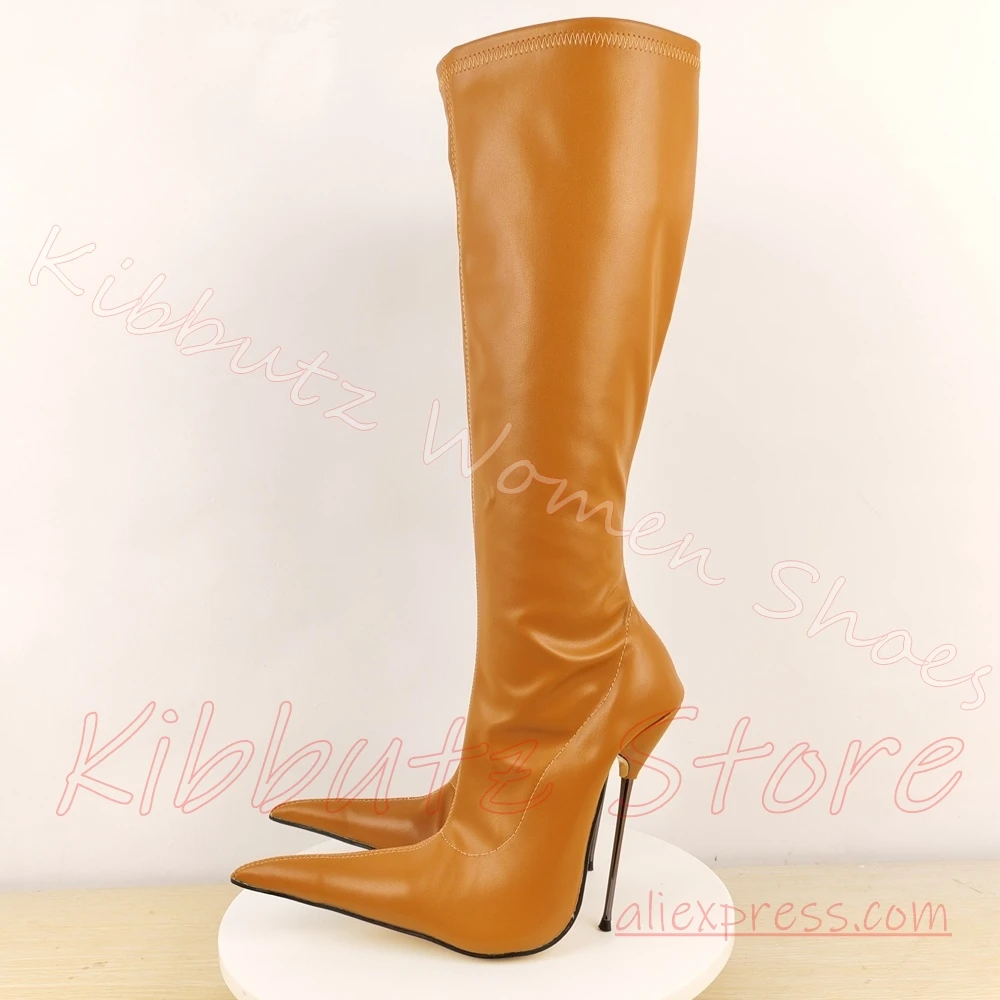 Leather Knee High Boot Women Pointed Toe Slim Heel Stretch Shaft Side Zipper Alt Club Party Fashion Footwear Solid Color Fashion