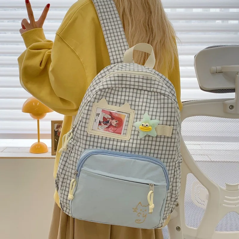 Teenage Girls Cute Backpack Middle School Student Schoolbag Cartoon Plaid Kawaii Backpack Large Capacity Book Bag Nylon Rucksack