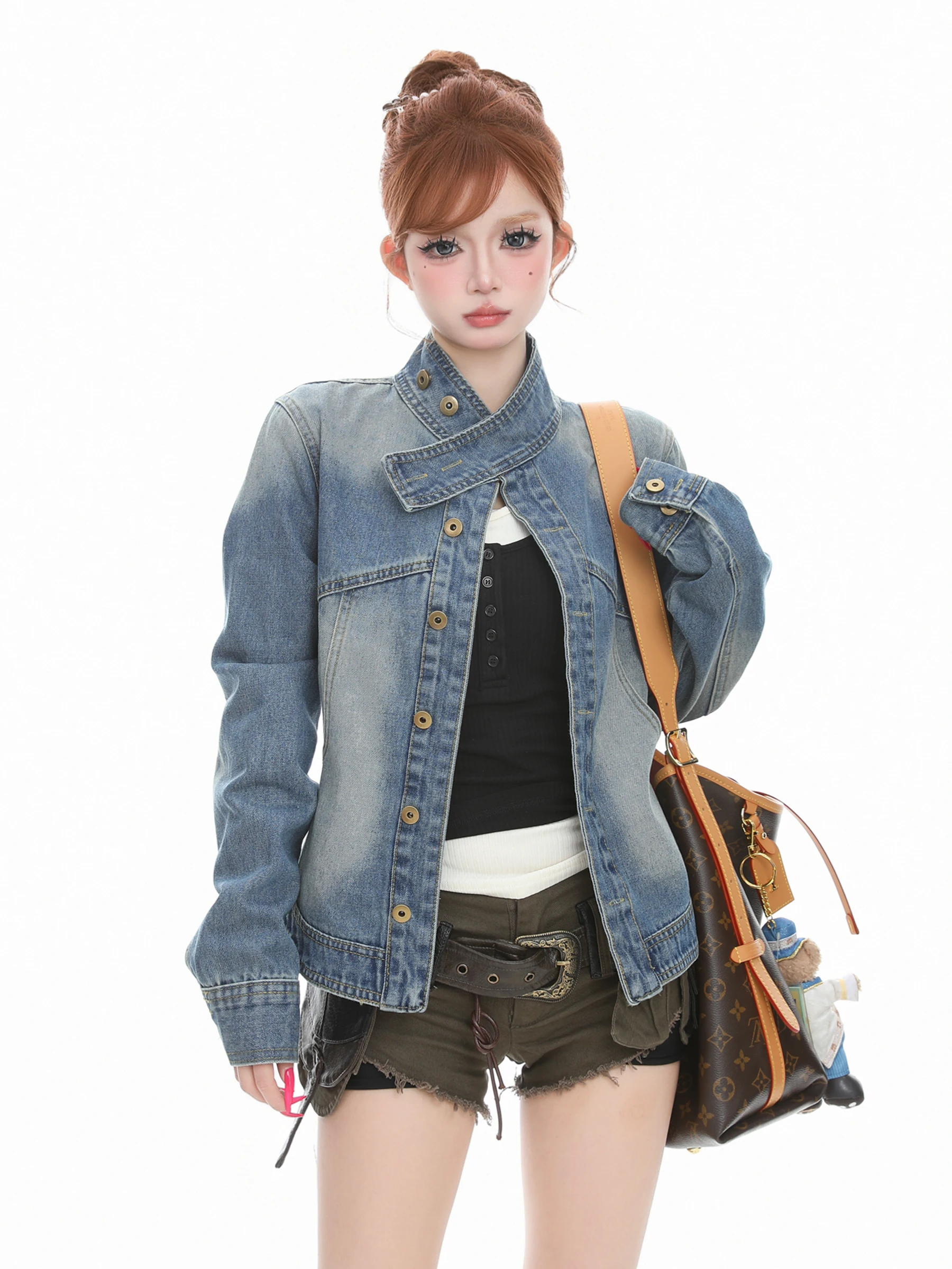 BASTERDS Retro American Stand Collar Denim Jacket Women's Spring New Belt Design Spicy Girl Versatile Outerwear Cotton Blend