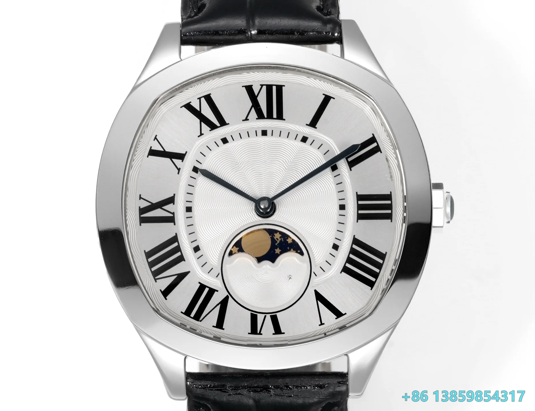 

Men Automatic Self-Wind Mechanical Watch Leather Strap Stainless Steel Case Sapphire Crystal Roman Dial Moon Phase Dress Wristwatch