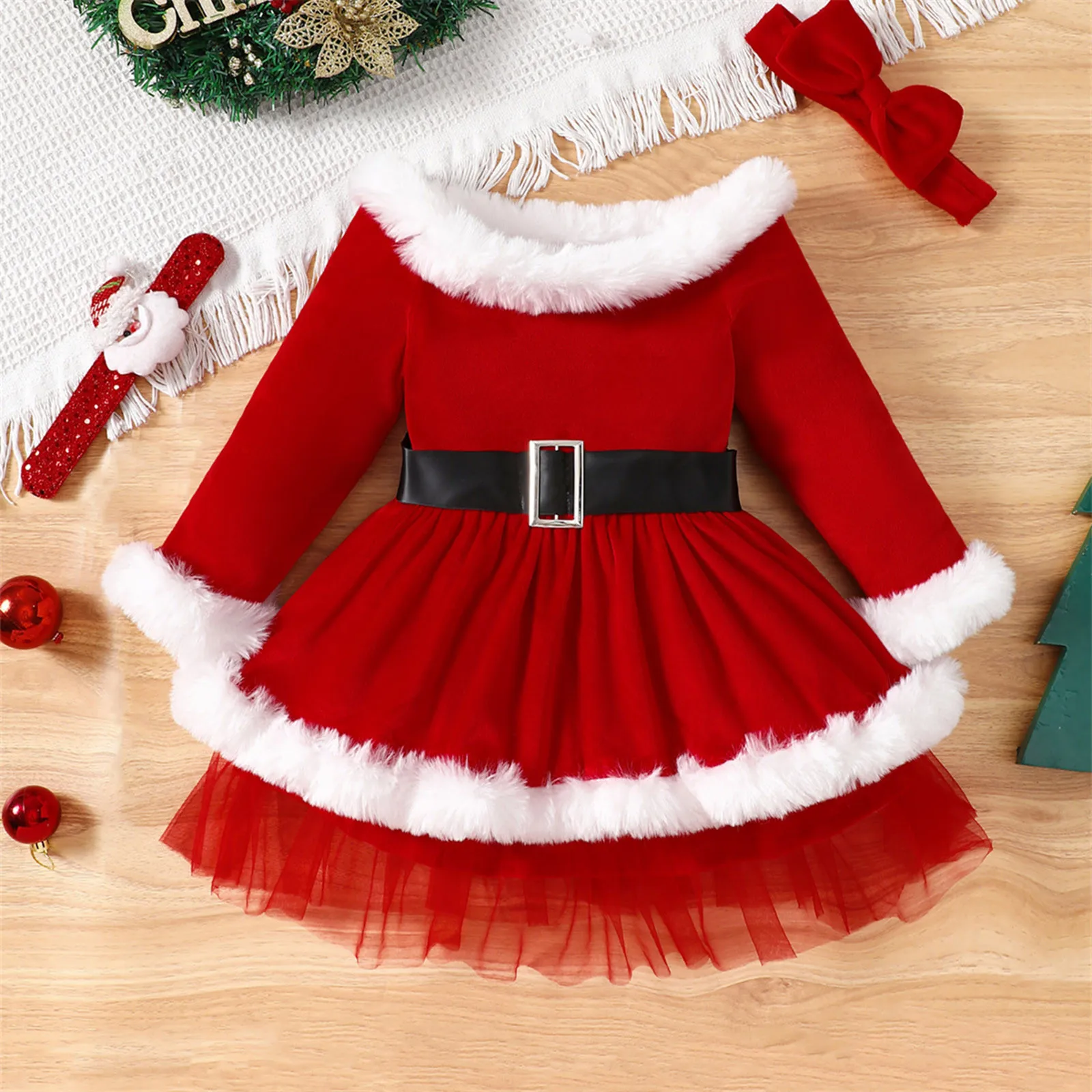 

Xmas Outfit Toddler Baby Girls Christmas A-line Dress Long Sleeve O Neck Plush Patchwork Dress with Belt and Headband Outfit