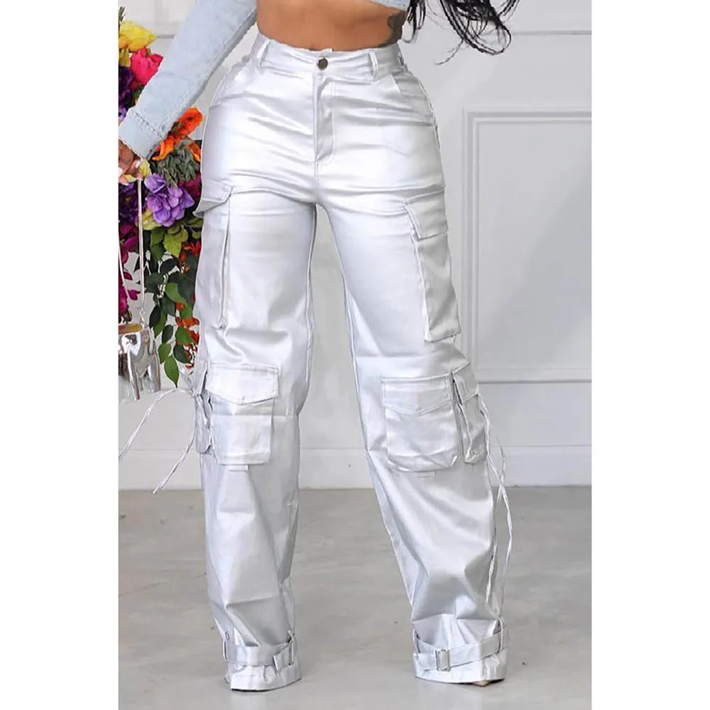 Plus Size Summer Women\'s Everyday Pants Silver Metal Straight Cargo Pants with Pockets Casual Hight Waist Trousers