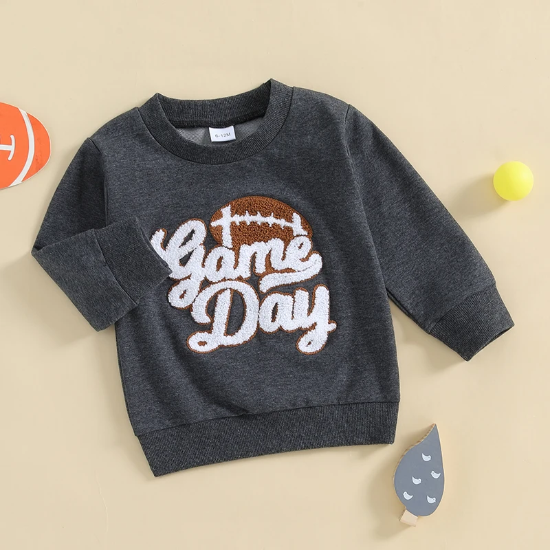 Toddler Fall Sweatshirt Football Letter Embroidered Long Sleeve Round Neck Casual Pullover Tops