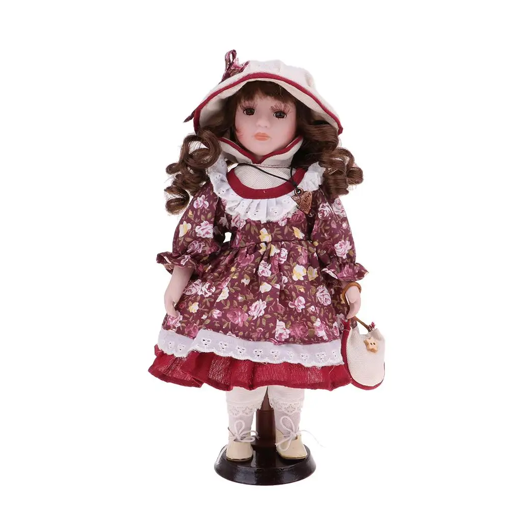 30cm Vintage Porcelain Doll with Wooden Stand, Valentine Gift for