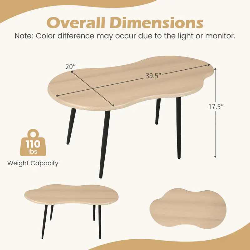 

Cloud Shape Coffee Table 39.5 inch Irregular Center Table with Metal Frame-Natural