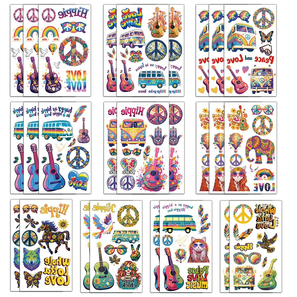 สติกเกอร์รอยสักฮิปปี้สร้างสรรค์ใหม่10ชิ้นการตกแต่ง DIY ฤดูร้อนสติกเกอร์รอยสักส่วนบุคคล
