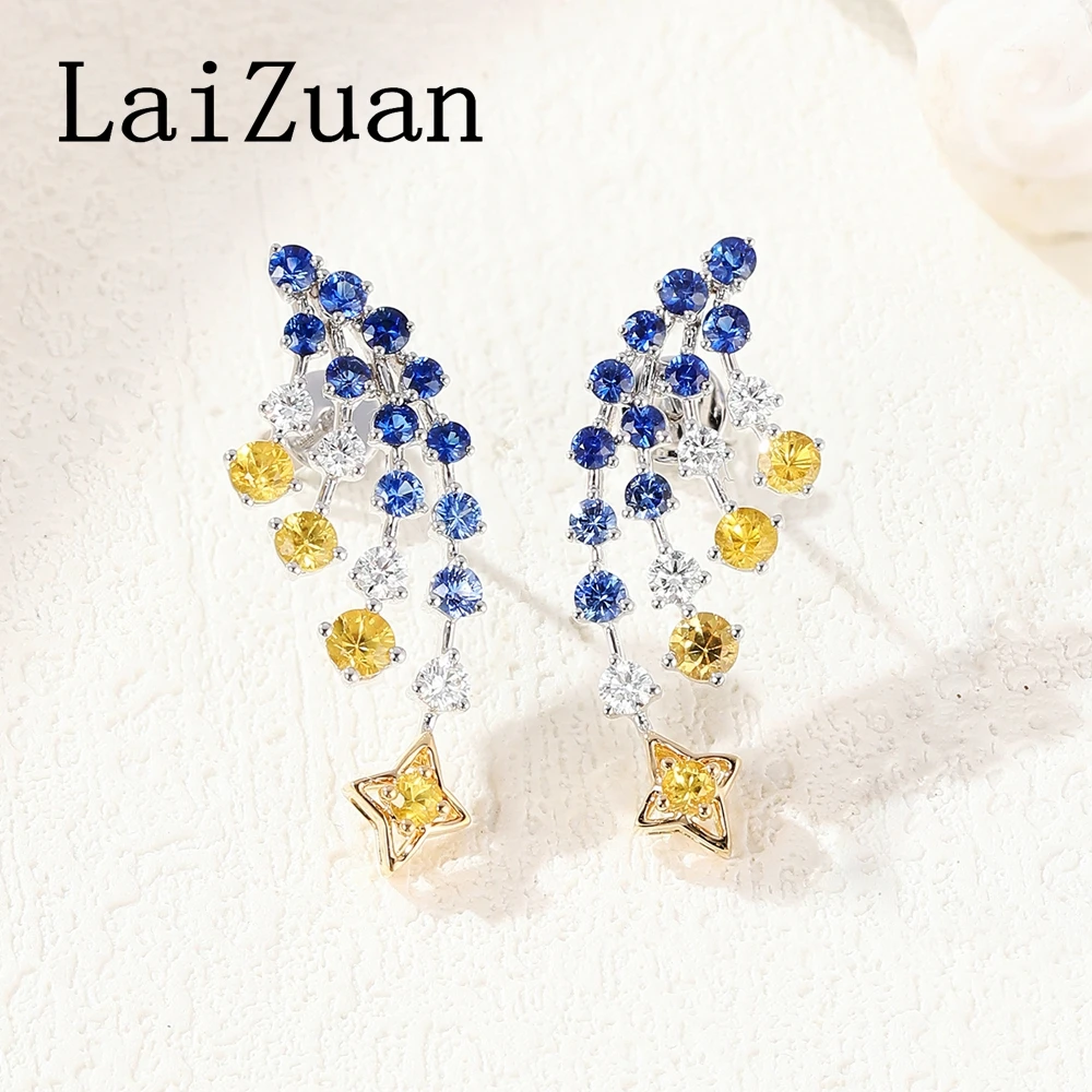 LaiZuan Solid 18k White Gold Natural Diamond Stud Earrings Van Gogh Starry Real Yellow Sapphire Stud Anniversary Classic Jewelry