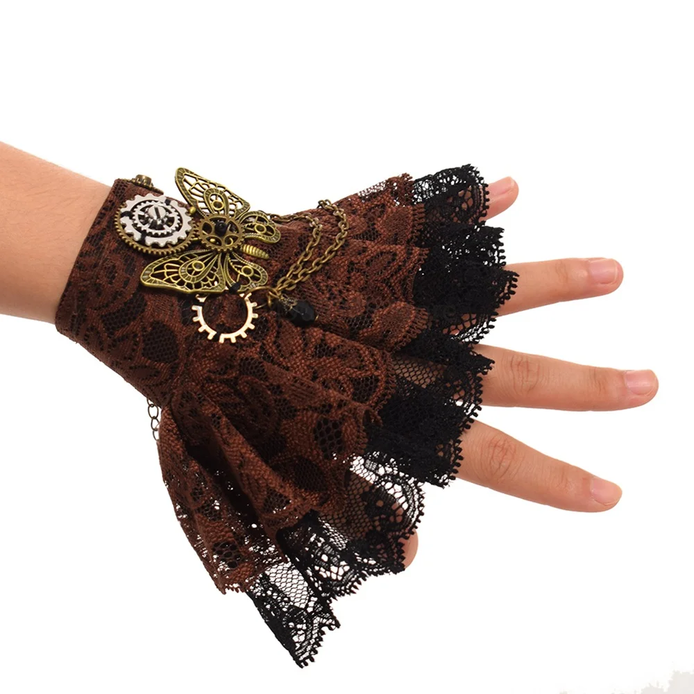 Steampunk Gothic Lolita Bracelet Women Gear Butterfly Lace Victorian Wristbands Cosplay Gloves props