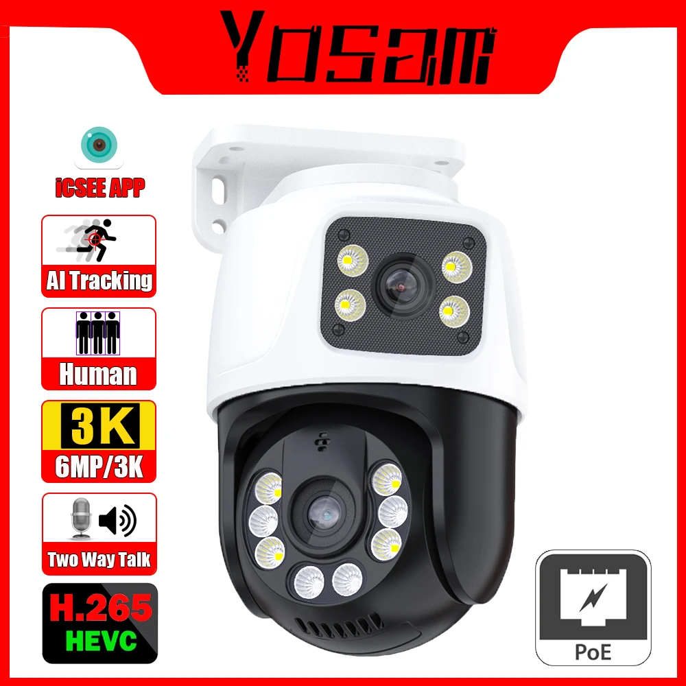 Dual Lens PTZ 6MP POE Outdoor IP Camera Home Security Camera Video CCTV Surveillance Onvif iCSEE Camera Dual-Screen