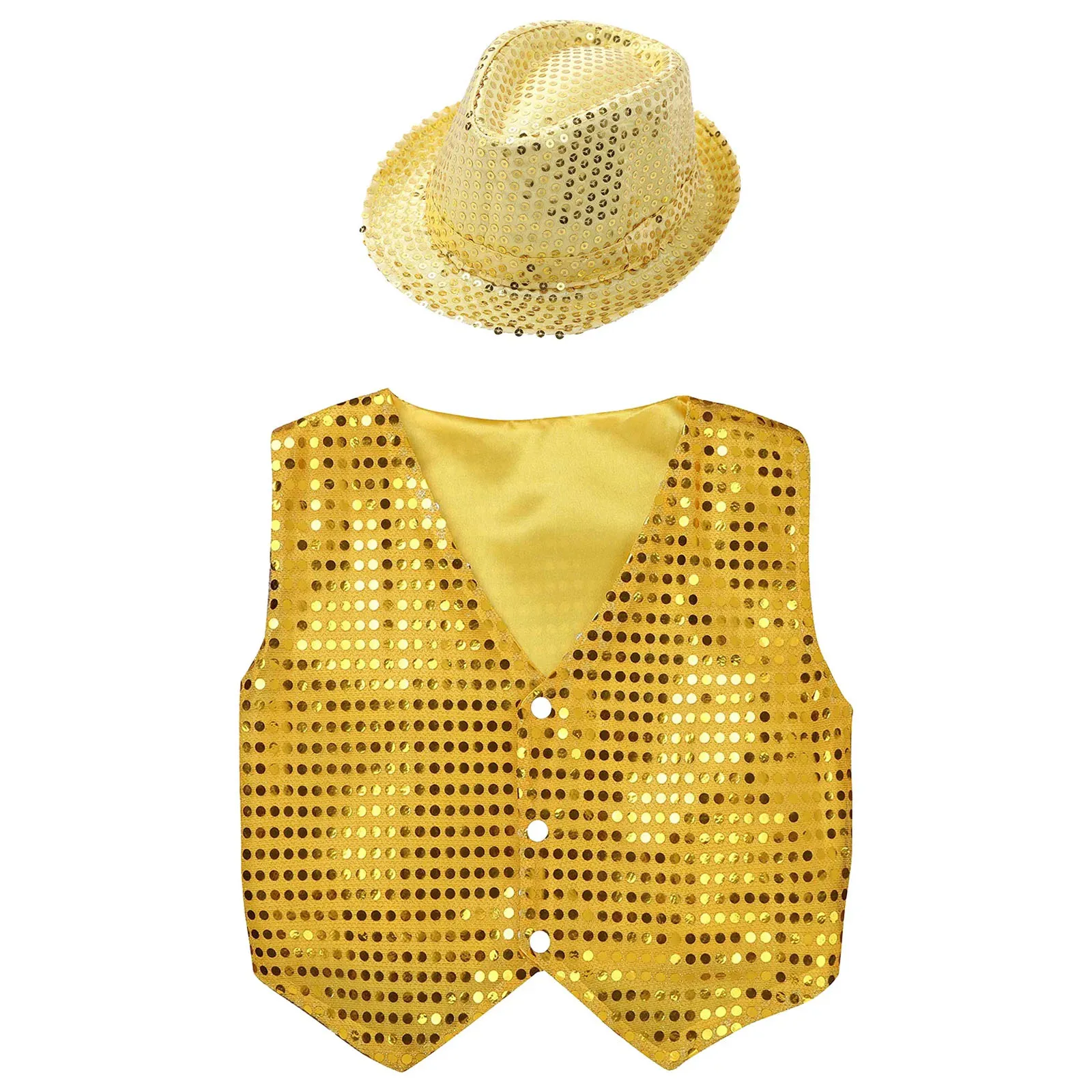 Glittery Sequins Moden Jazz Hiphop Street Dance Vests Waistcoat with Hat Outfits for Boys Girls Christmas Party Performance